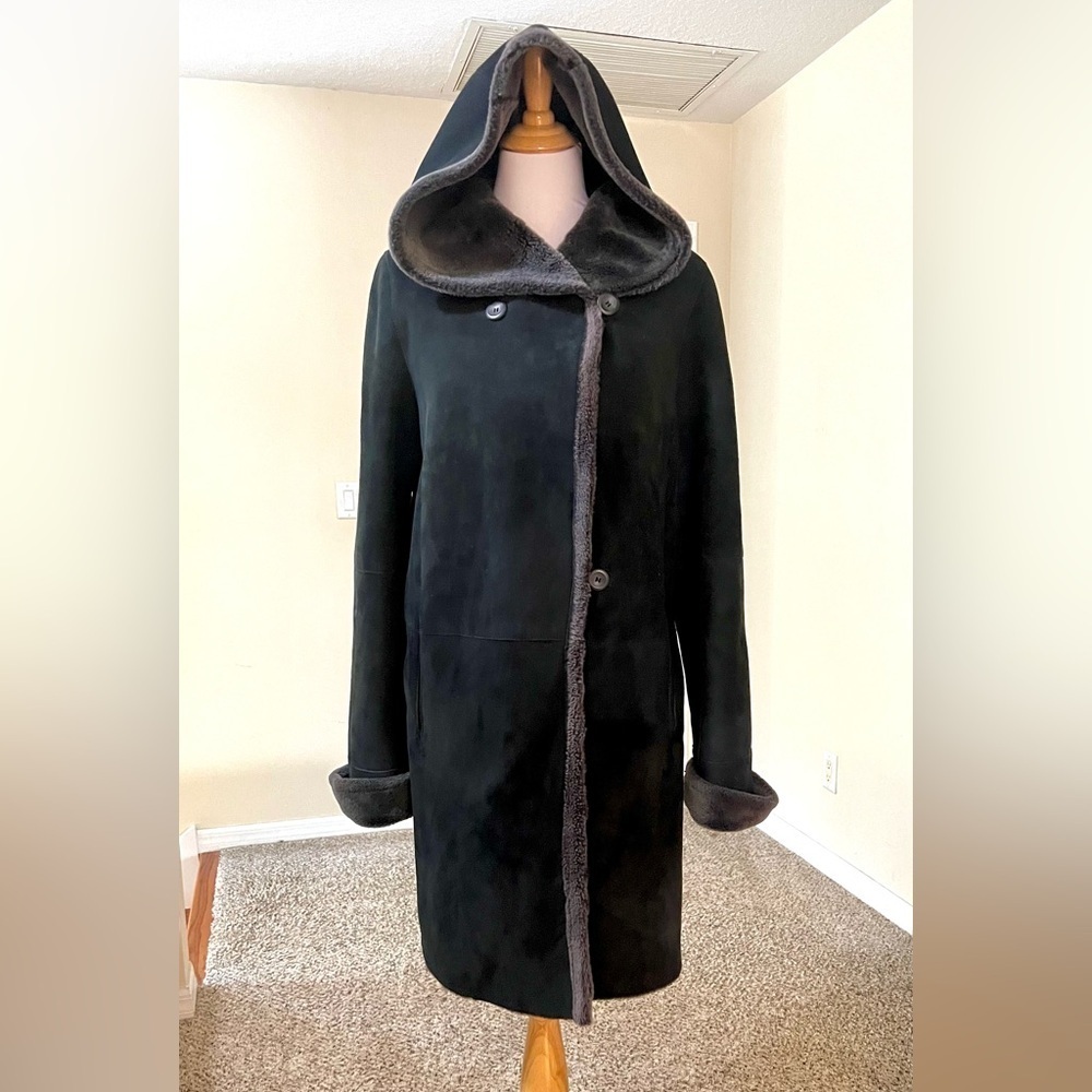 BISANG Genuine lamskin Shearling hoodie trend Coat luxurious mobwife pockets L